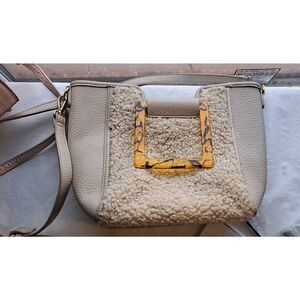 Cream Sherpa Faux Leather Crossbody Bag with Tortoise Buckle Adjustable Strap